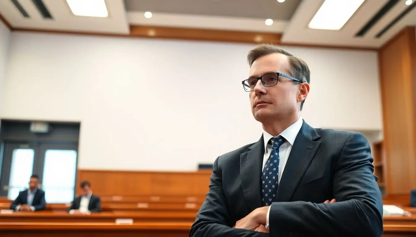Lawyer in a bright modern courtroom discussing insurance rights.
