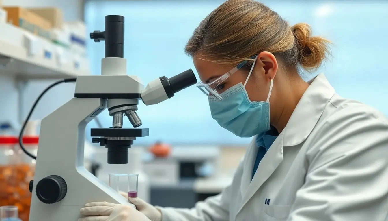 Cyclosporainfektion: Arzt im Labor mit Mikroskop und Proben.
