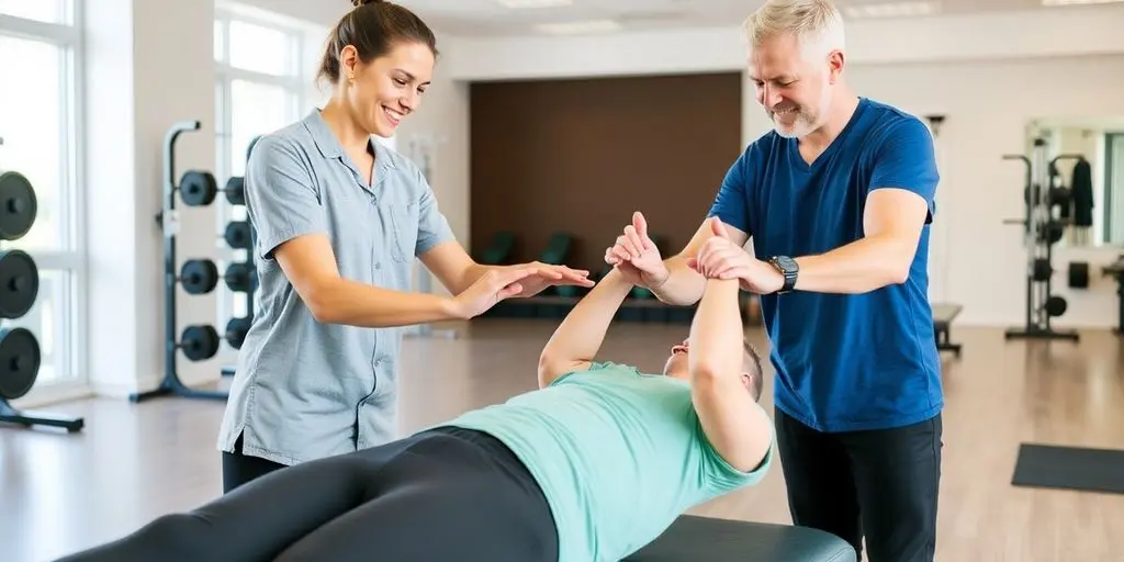 Krankengymnastik mit Patient in einem Therapiezentrum.