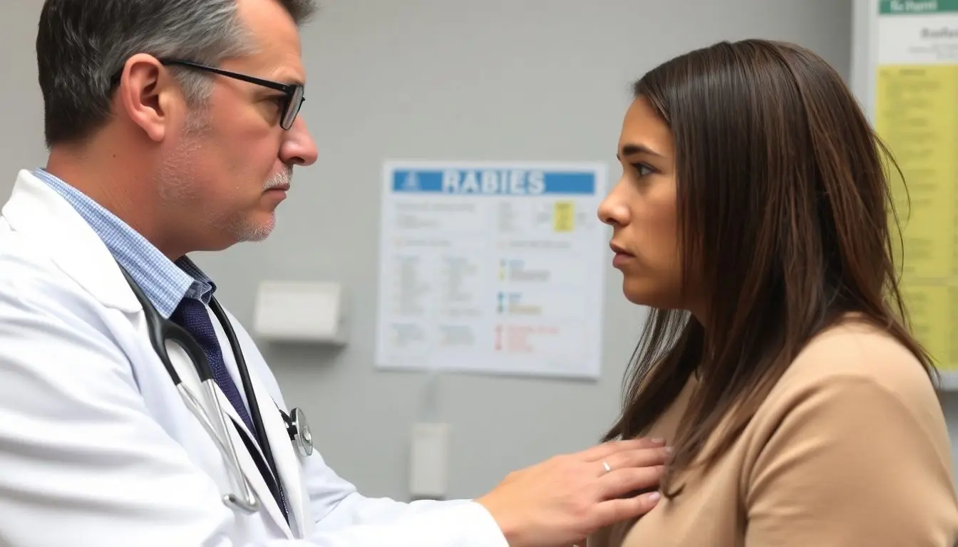 Tollwut: Doctor examining a patient about rabies symptoms.