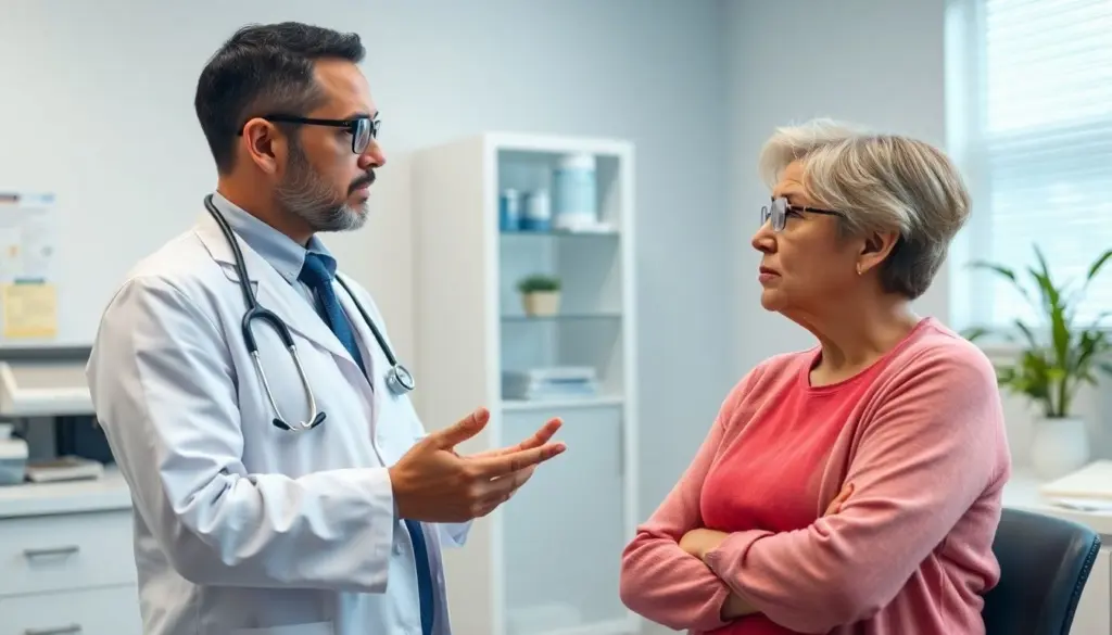 anaphylaktischen Schock: Doctor consulting with a patient in a bright clinic.