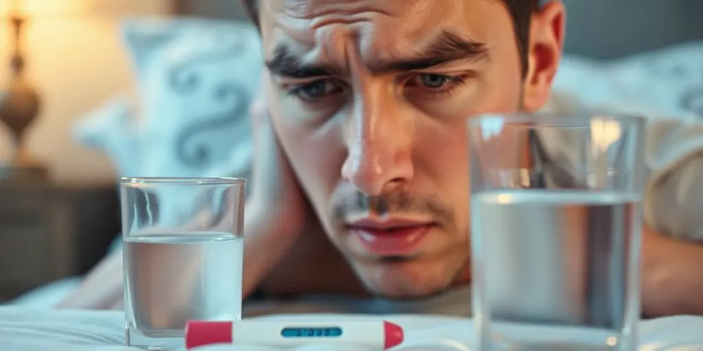 Maltafieber: Kranke Person mit Fieber, Thermometer und Wasser.