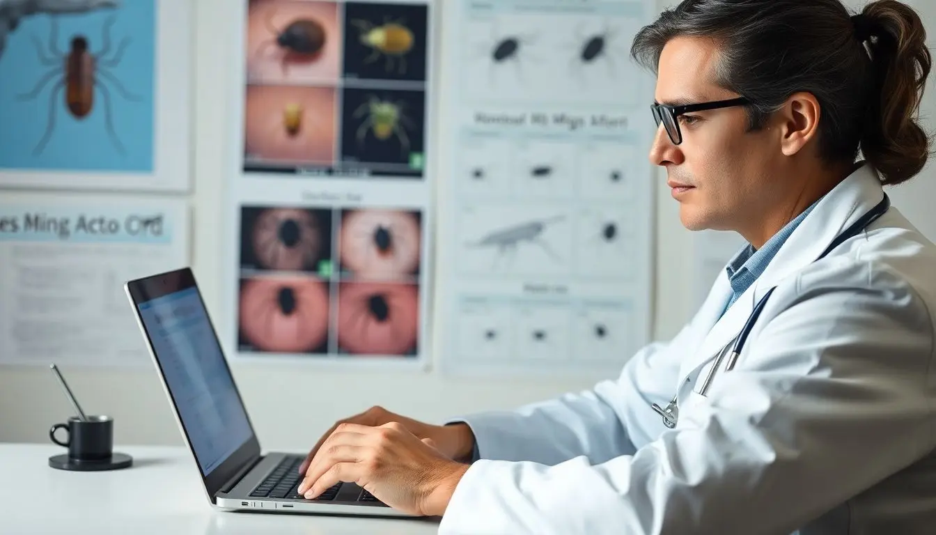 Milbenbefall: Doctor working on mite infestation diagnosis at laptop.
