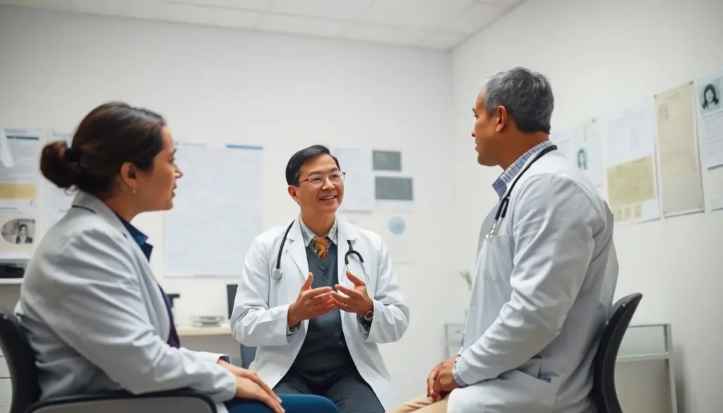 Orientbeule: Doctor consulting with patient in a bright medical office.