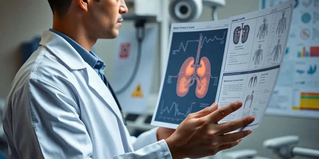 Facharzt für Innere Medizin untersucht medizinische Unterlagen in einer Klinik.