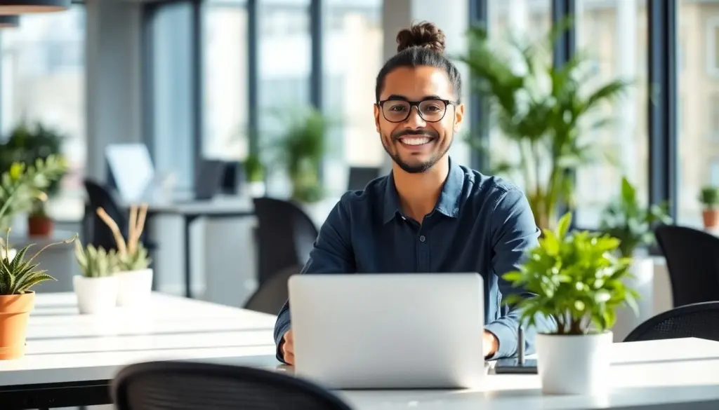 Happy employee in a modern office environment.