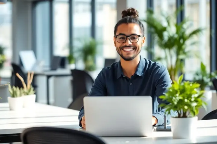 Happy employee in a modern office environment.