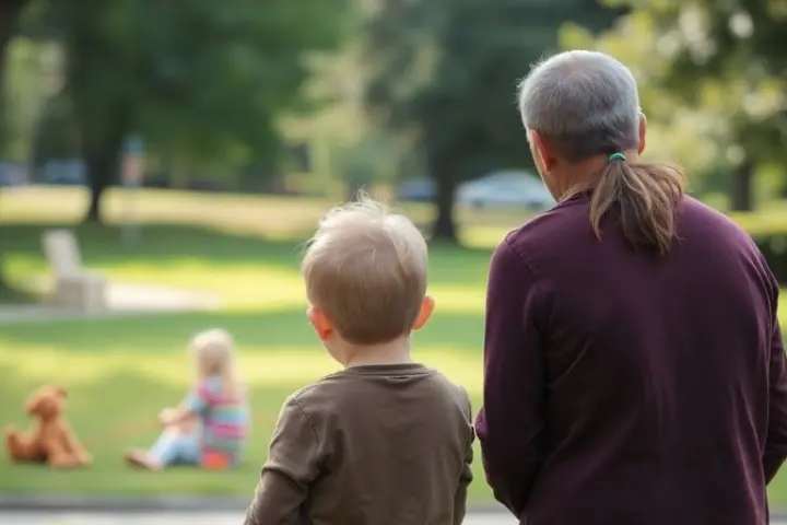 Besorgte Eltern beobachten spielende Kinder im Park.