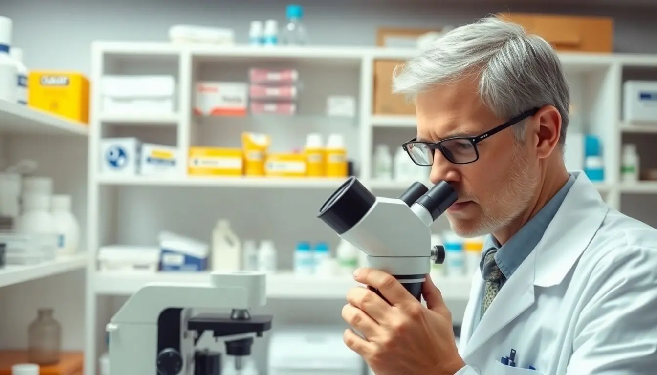 Bandwurmbefall: Doctor examining a microscope in a laboratory setting.
