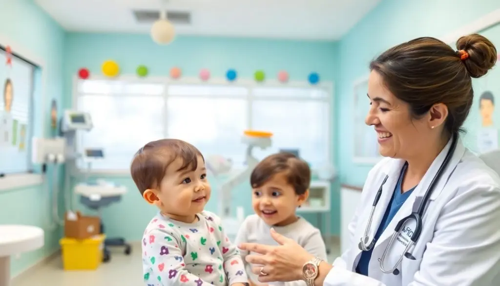 Poliomyelitis: Pediatrician examining a child in a bright clinic.