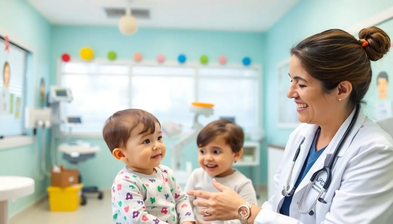 Poliomyelitis: Pediatrician examining a child in a bright clinic.
