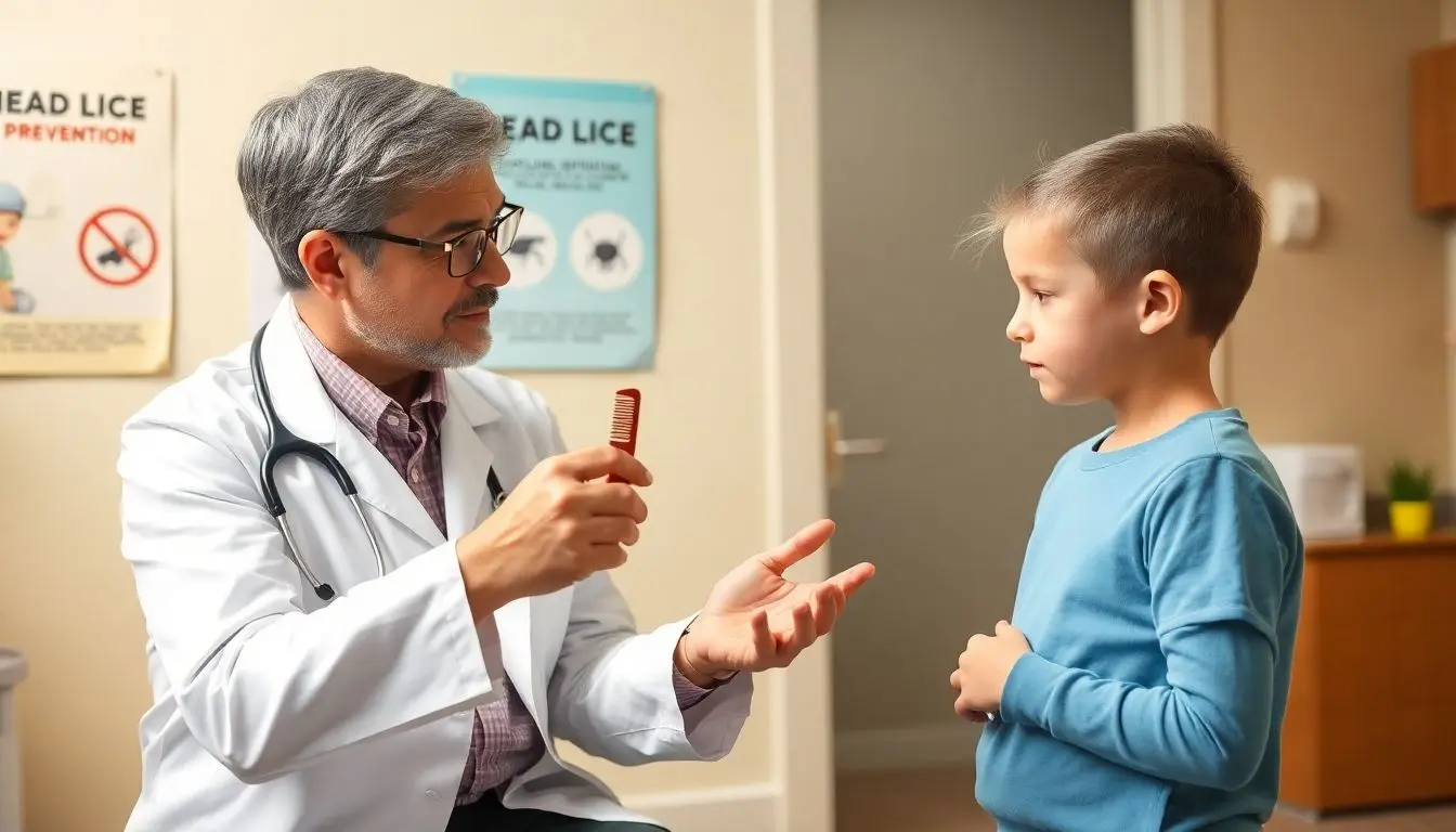 Kopflausbefall: Doctor explaining head lice treatment to a child.