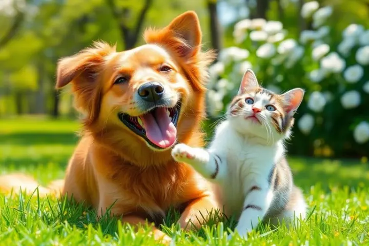 Hund und Katze spielen im grünen Park.
