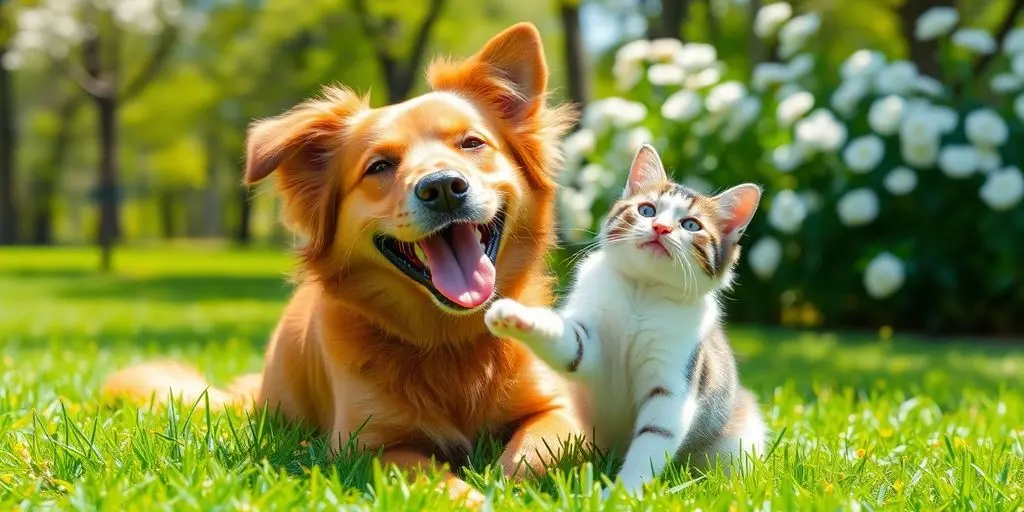 Hund und Katze spielen im grünen Park.