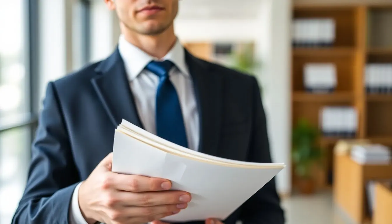 Lawyer with documents in hand, focused on legal matters.