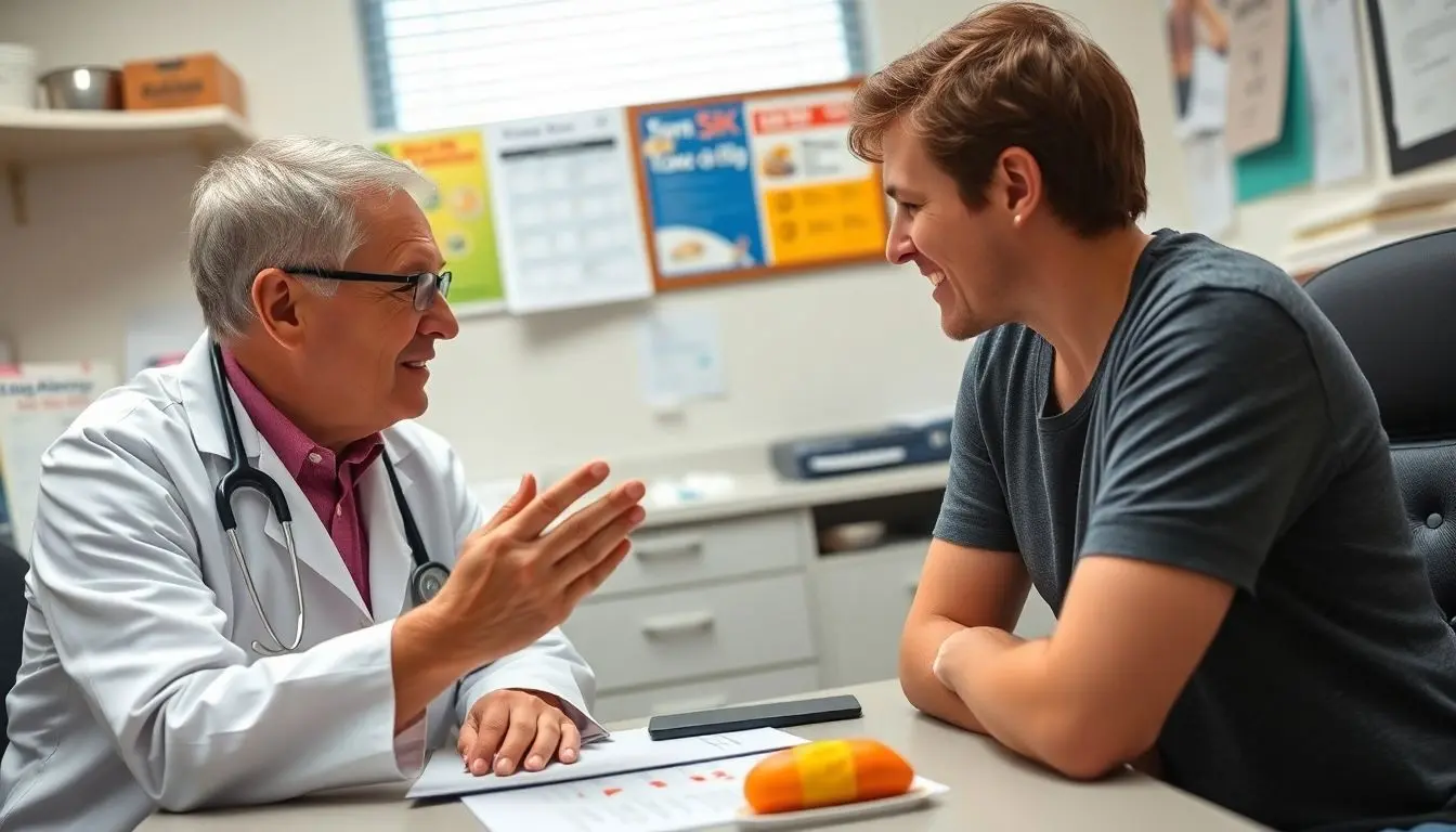 Lebensmittelallergie: Doctor discussing food allergies with a patient.