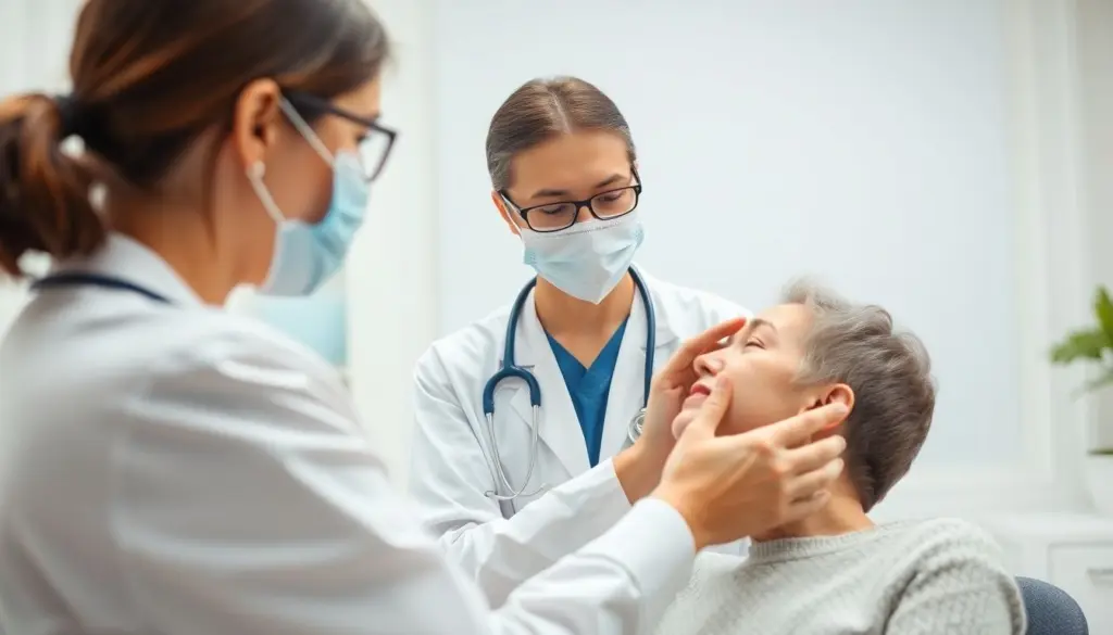 Krätzmilbenbefall: Doctor examining a patient in a bright office.