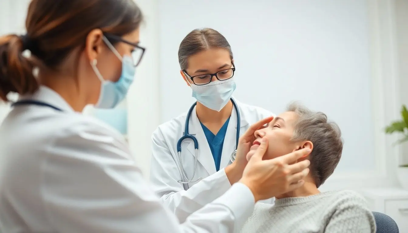 Krätzmilbenbefall: Doctor examining a patient in a bright office.