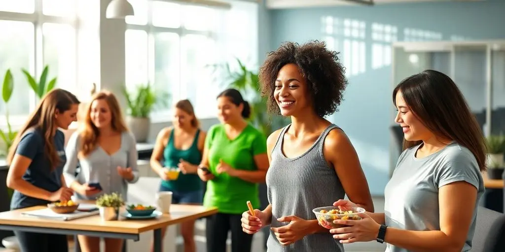 Betriebliches Gesundheitsmanagement: Gesunde Mitarbeiter bei Aktivitäten im Büro für Wohlbefinden.