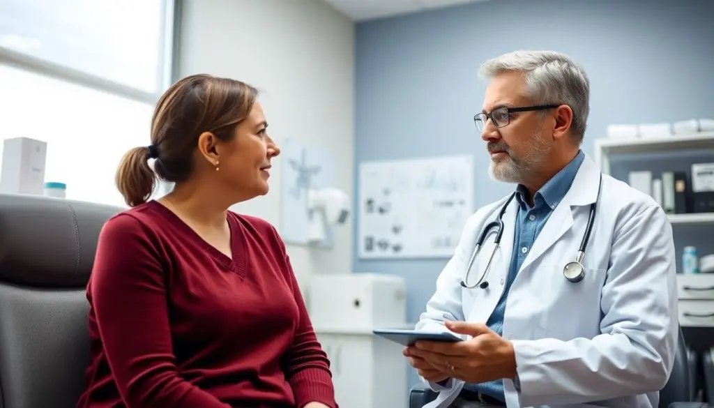 Fleckfieber: Doctor and patient in a bright medical office.