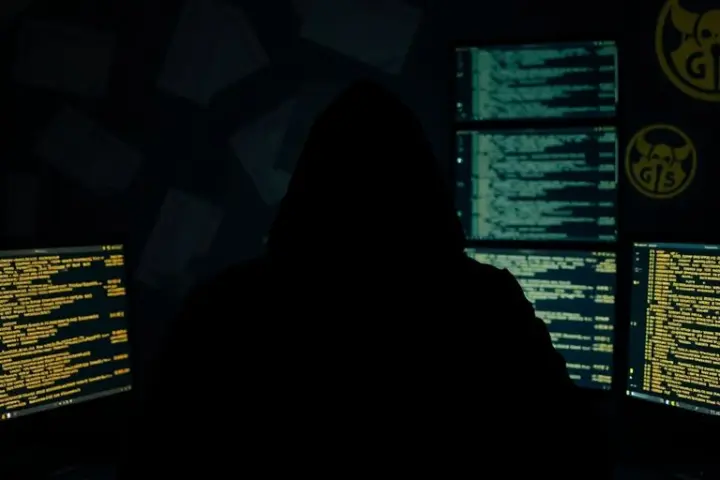 Hacker in dark room with computer screens and documents.