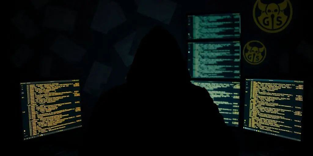 Hacker in dark room with computer screens and documents.