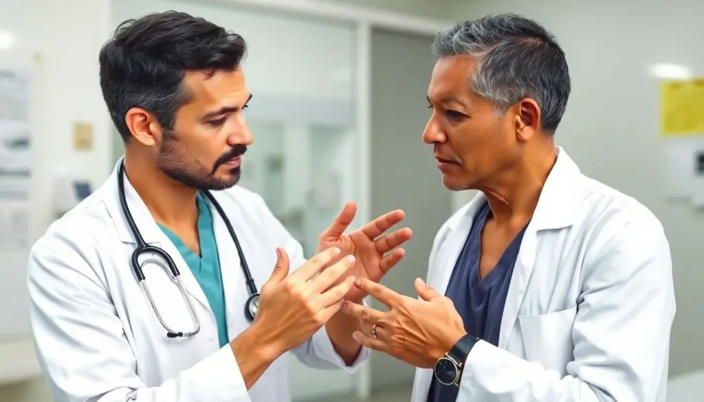Fliegenmadenbefall: Doctor examining patient in a bright clinic.