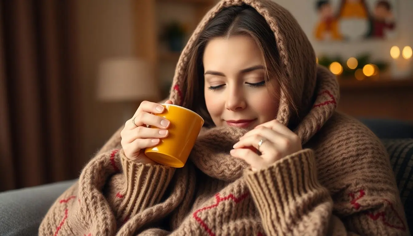 Grippe: Woman with a cold drinking tea for comfort.