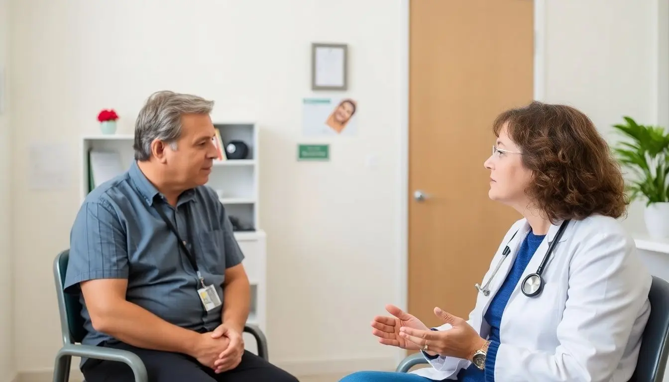 Hakenwurmbefall: Doctor consulting with a patient about hookworm infection.