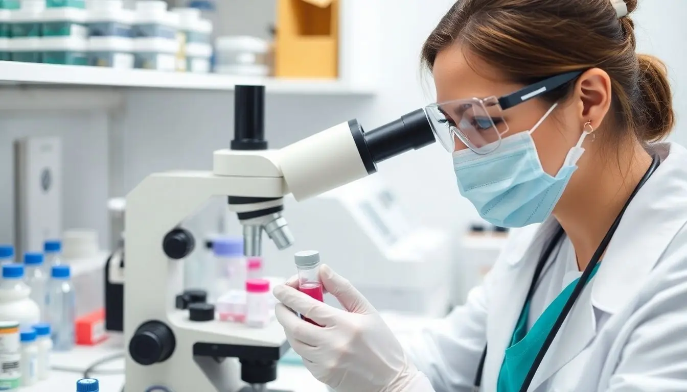 Chlamydia pneumoniae: Arzt im Labor mit Mikroskop und Proben.