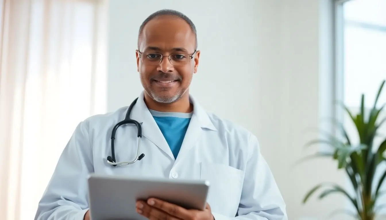 Elephantiasis: Doctor with a tablet in a bright medical setting.