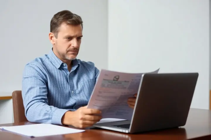 Man reading health records with a concerned expression.