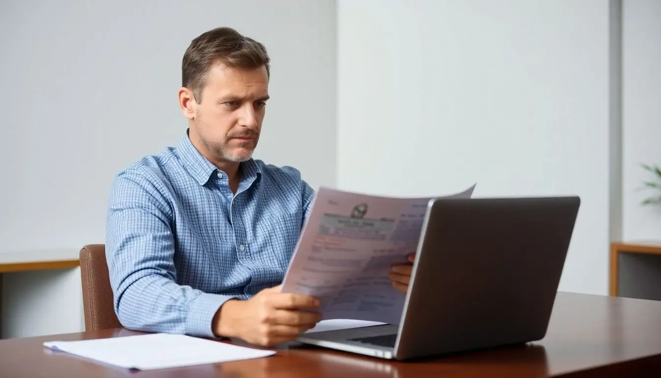 Man reading health records with a concerned expression.