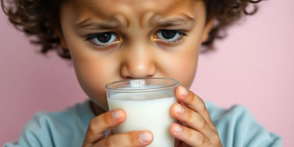 Kuhmilchallergie: Kind hält Milchglas und zeigt Unbehagen.