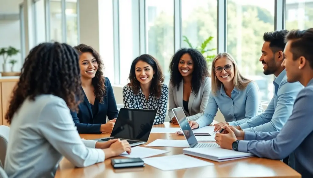 Modern office meeting about employee health insurance benefits.