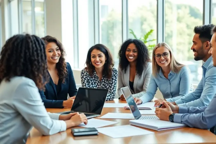Modern office meeting about employee health insurance benefits.