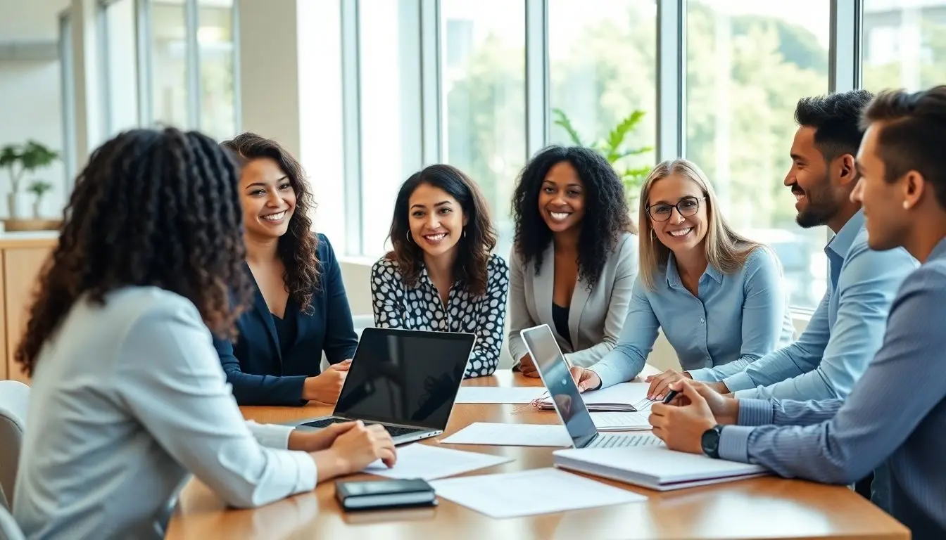 Modern office meeting about employee health insurance benefits.