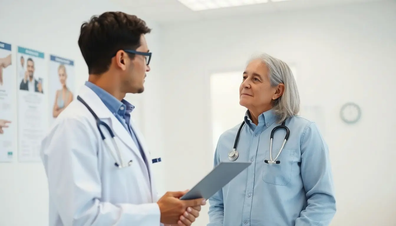 Latexallergie: Doctor consulting patient in a bright medical office.