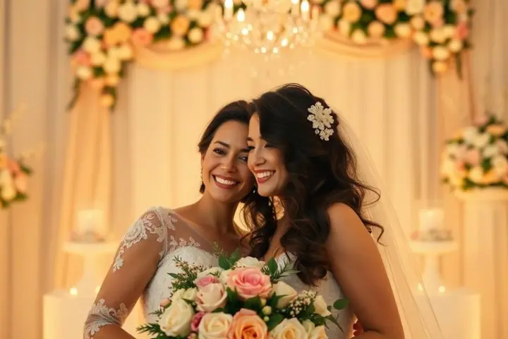 Glückliches Paar an ihrem Hochzeitstag mit schönen Blumen.