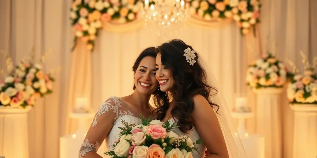 Glückliches Paar an ihrem Hochzeitstag mit schönen Blumen.