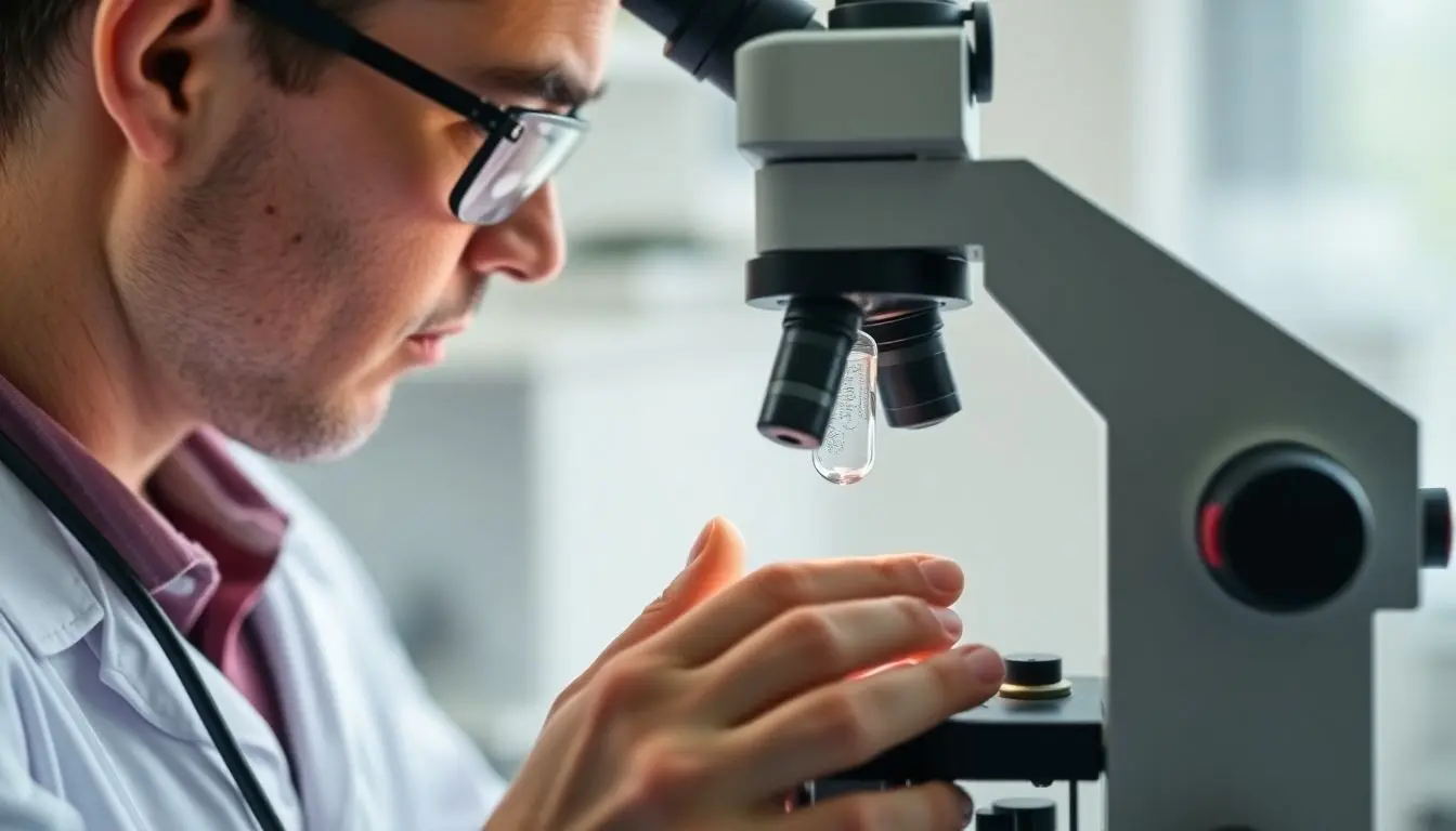 Borrelia recurrentis: Doctor examining a sample under a microscope in a lab.