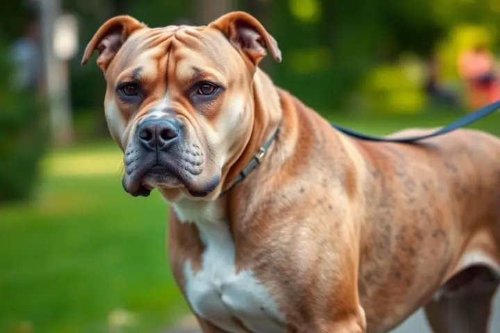 Muscular Hund an der Leine im Park.
