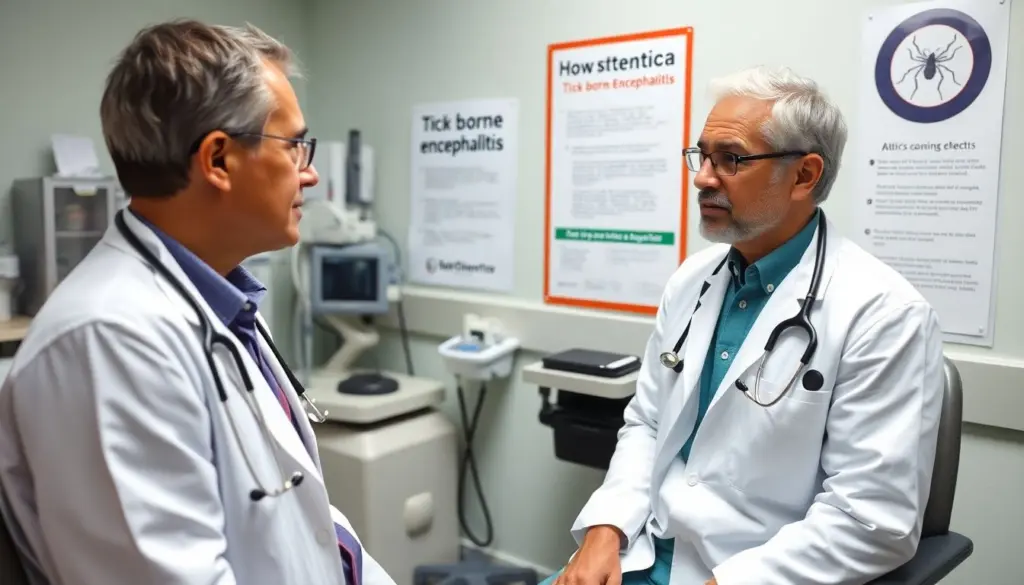 Zeckenenzephalitis: Doctor examining a patient for tick-borne encephalitis.