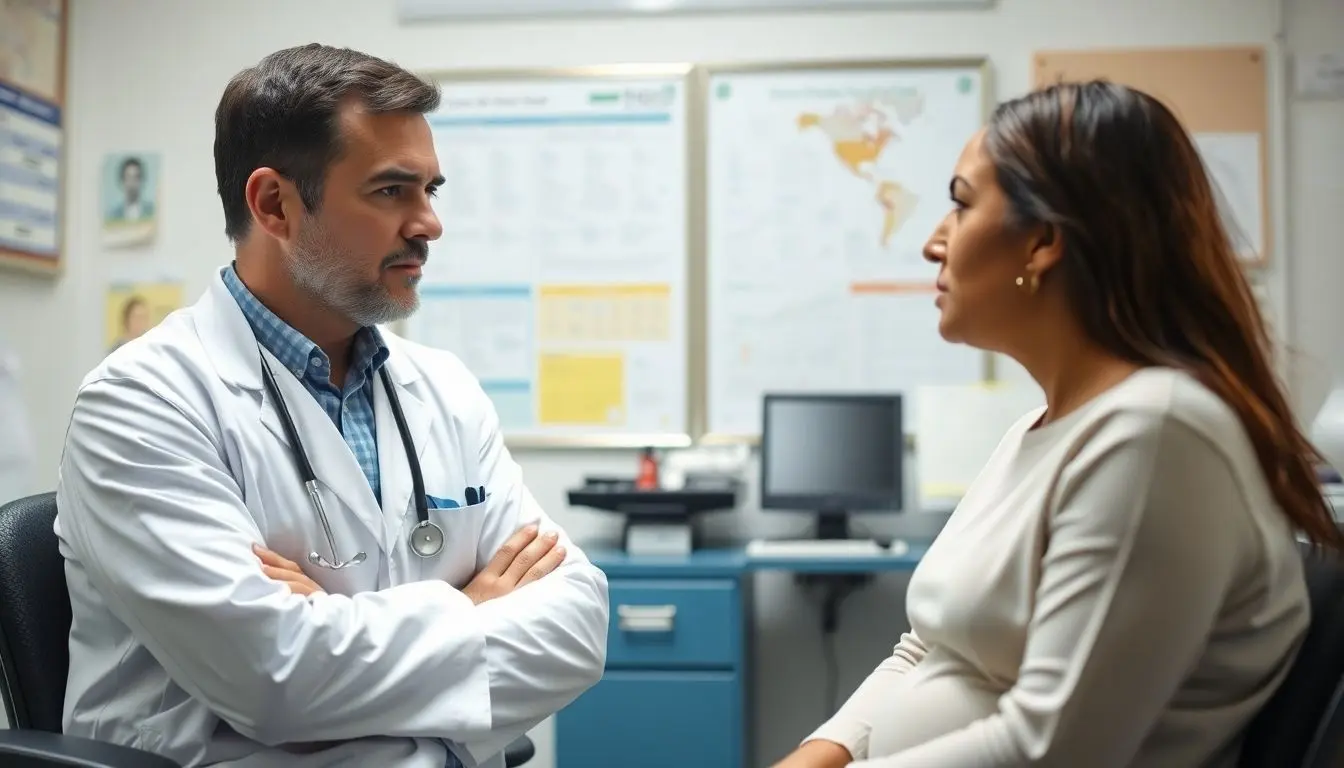 Doctor consulting with a concerned patient in a clinic.