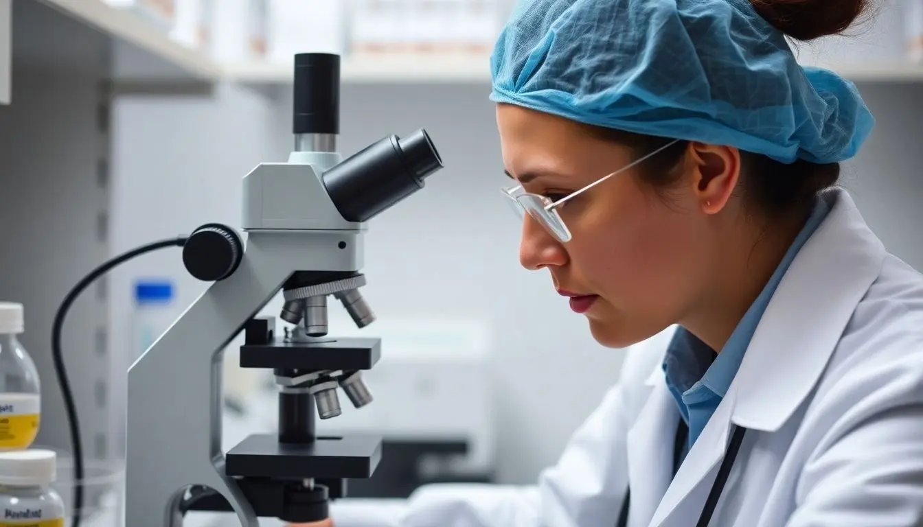 Fasziolose: Doctor examining samples under a microscope in a lab.