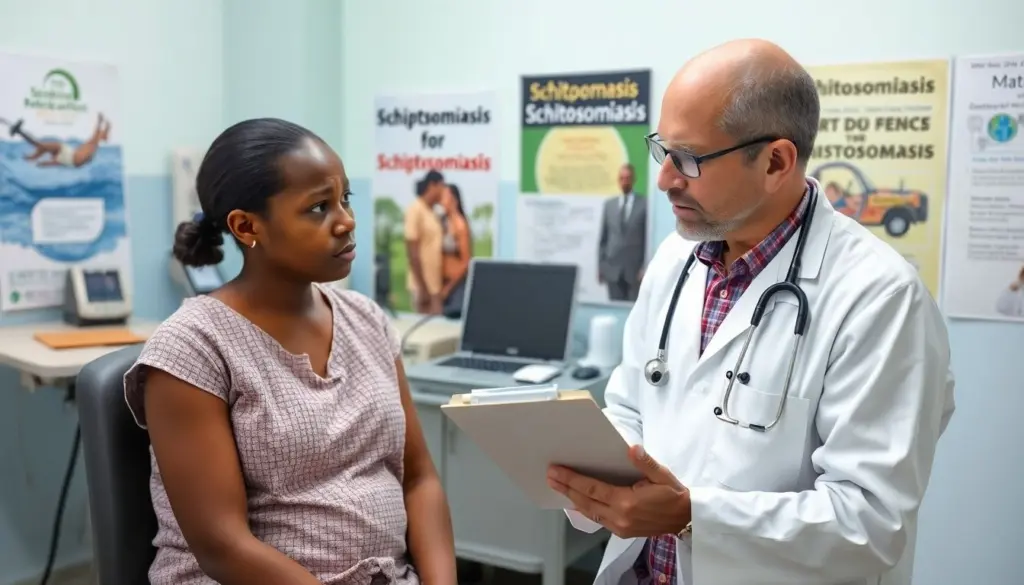 Schistosomiasis: Doctor examining a patient for schistosomiasis symptoms.