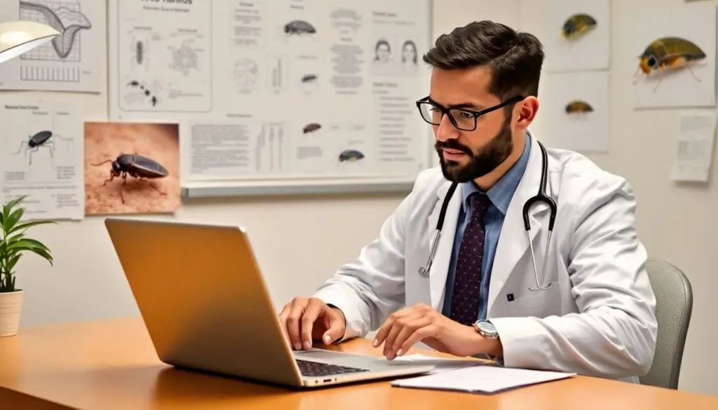 Sandflohbefall: Doctor with laptop researching sand flea infestations.