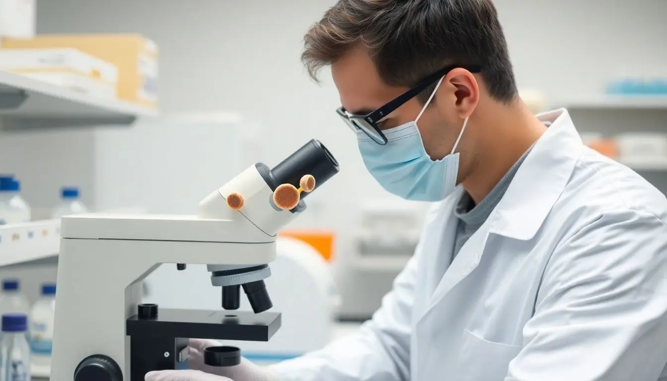 Doctor examining Bacillus anthracis under a microscope in lab.