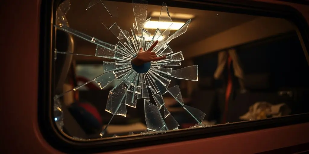 Zerschlagenes Fenster eines Wohnmobils mit Scherben.