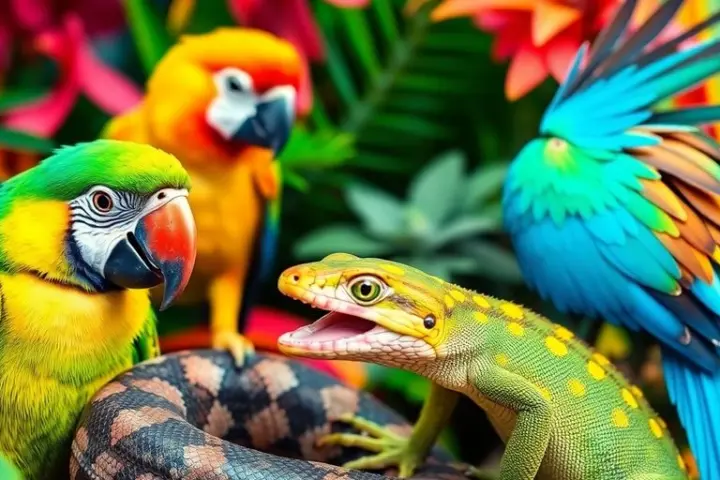 Exotische Tiere in einer bunten, lebhaften Umgebung.